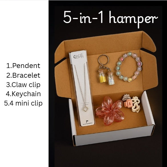 5-in-1 Girls’ Hamper – Pendant, Bracelet, Claw Clip, Keychain, and Mini Clips