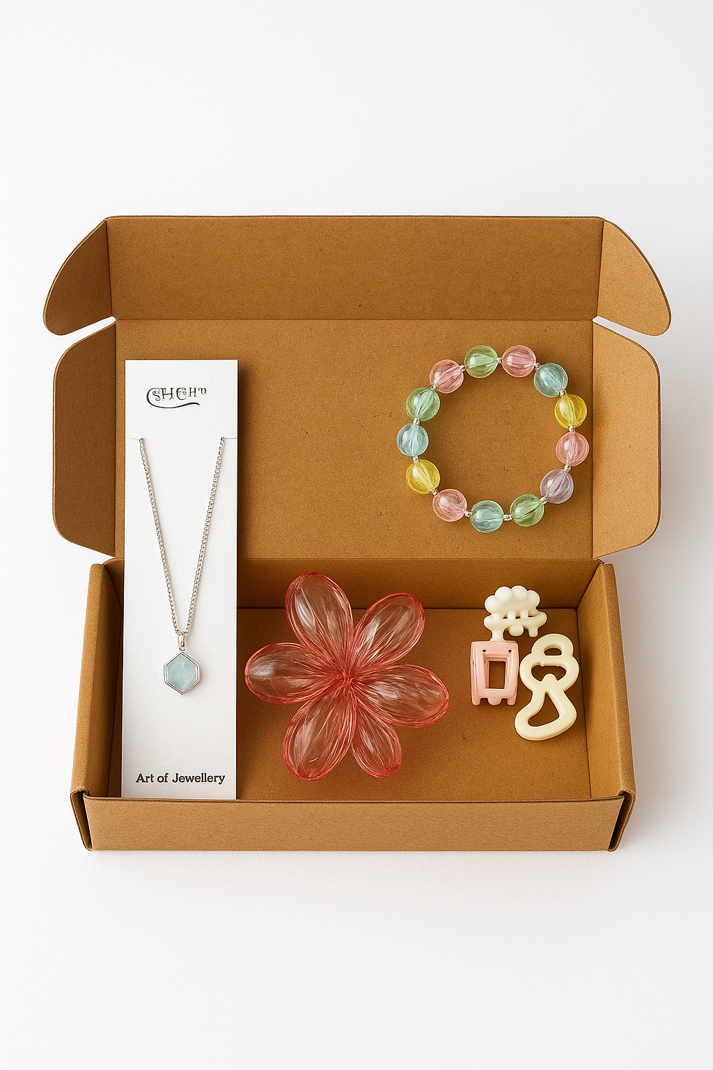 4-in-1 Stylish Girls’ Hamper – Pendant, Bracelet, Mini Clips, and Claw Clip