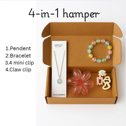 4-in-1 Stylish Girls’ Hamper – Pendant, Bracelet, Mini Clips, and Claw Clip